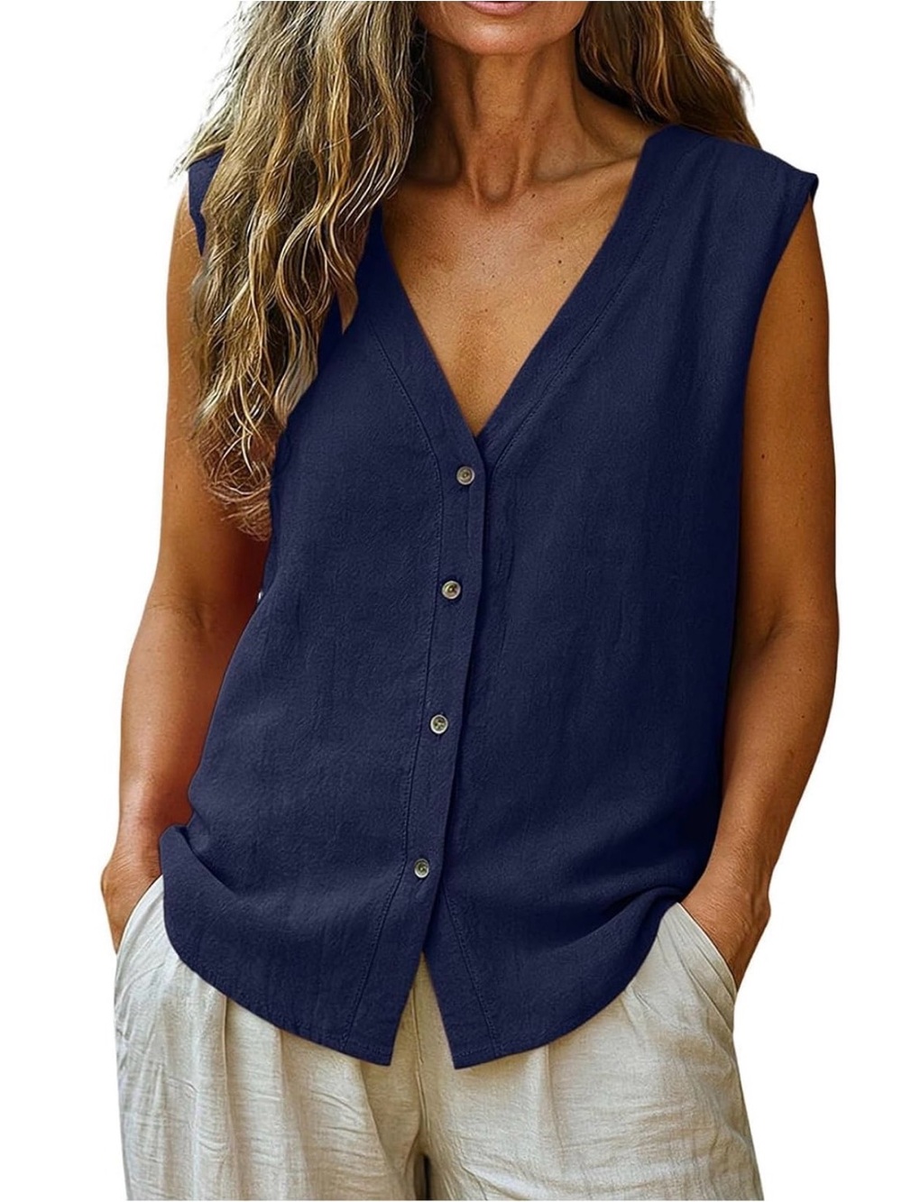 Sleeveless V-Neck Button Front Top - Navy